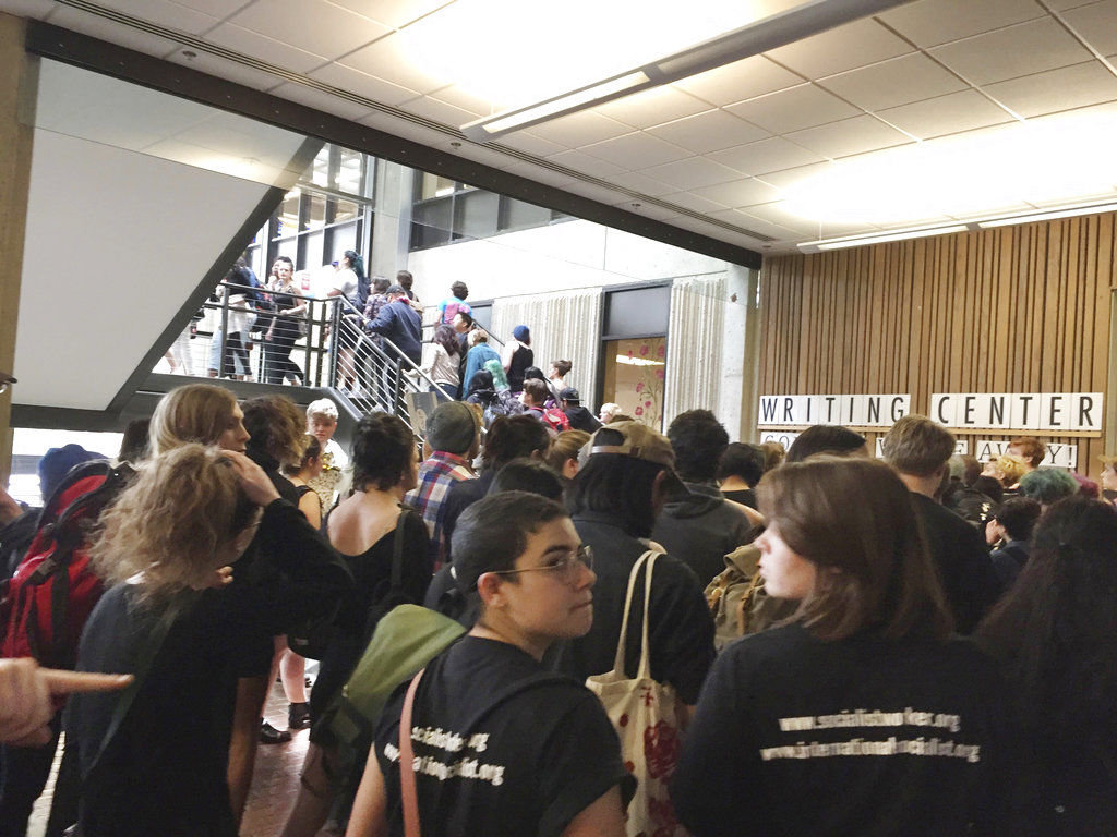 FILE - In this Wednesday, May 24, 2017 file photo, hundreds of students at the Evergreen State College in Olympia, Wash., protest against the college administration and demand change after weeks of brewing racial tension on campus. 