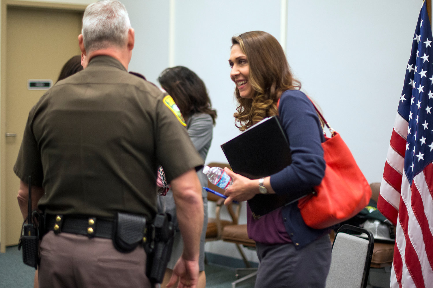 U.S. Representative Jamie Herrera Beutle speaks with Lewis County Sheriff Rob Snaza following a roundtable discussion in Morton in this Chronicle file photo.