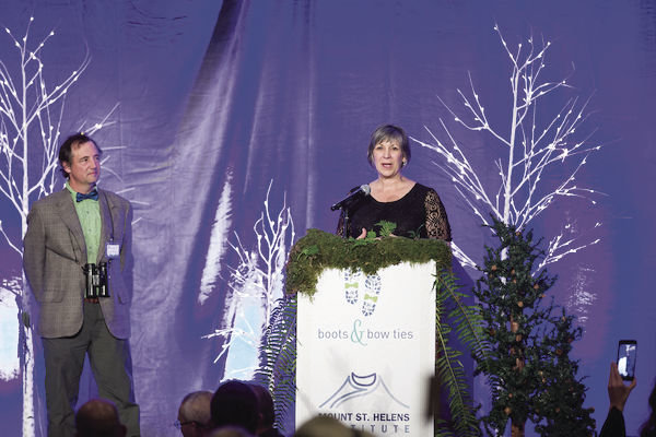 Jeanne Bennett, right, received the Founder’s Award during the Mount St. Helens Institute’s 20th anniversary celebration Oct. 15 in Vancouver, Washington. At left is John Bishop, last year’s recipient of the Founder’s Award.
