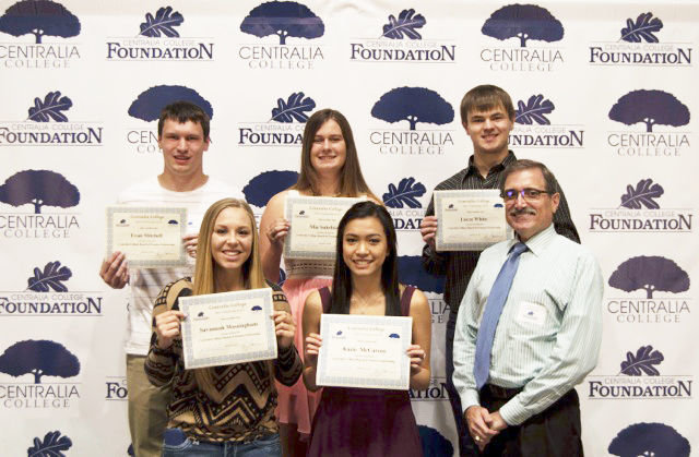 Centralia College Board of Trustee Scholarships were awarded to the following students from left, top; Evan Mitchell, Mia Suhrbier, and Lucas White. In the front are Savannah Massingham, Kacie McCarson and presenter Joe Dolezal, Centralia College Board of Trustee and Foundation Liason.