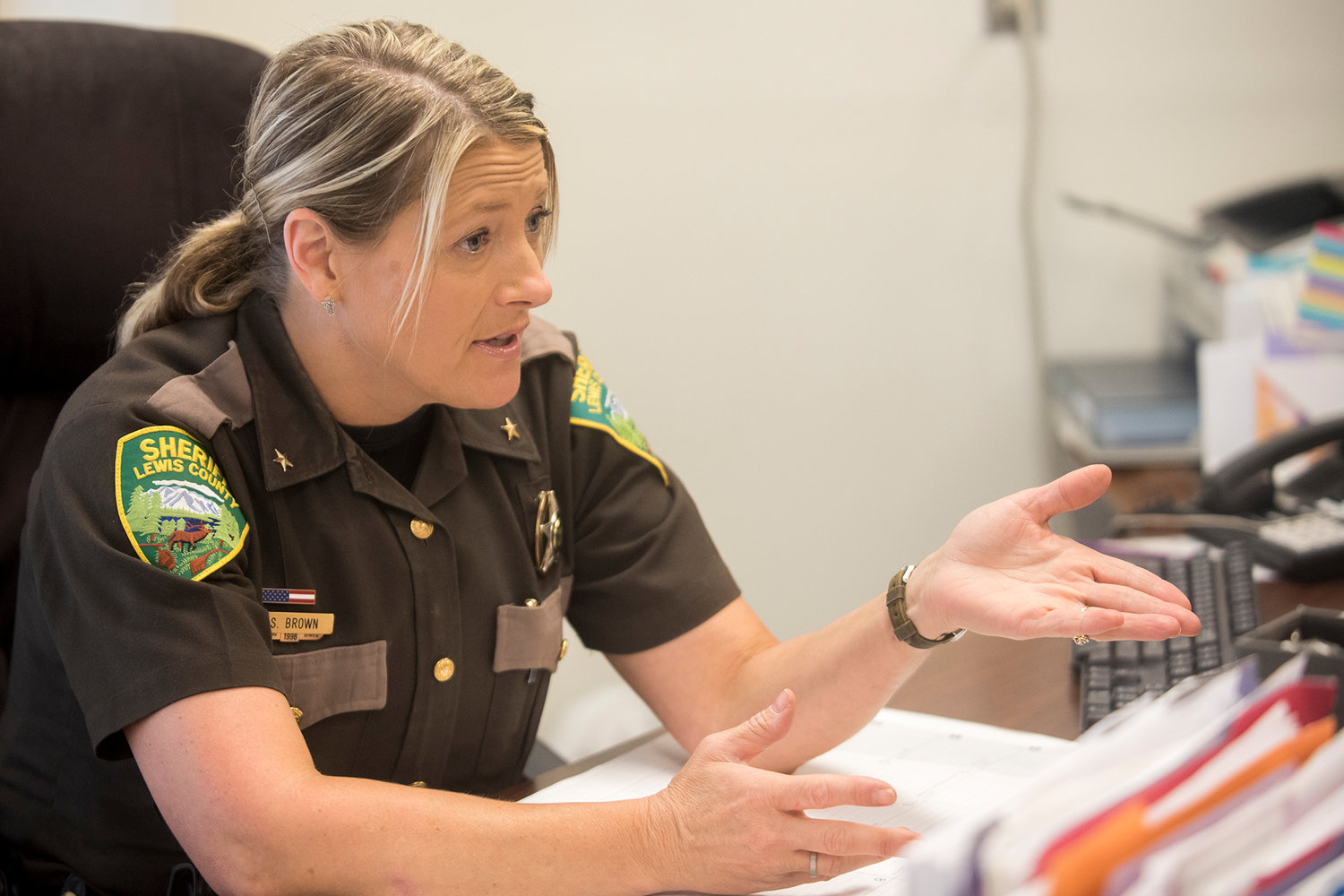 Chief Deputy Stacy Brown talks about her experiences with the Lewis County Sheriff's Office during an interview on Thursday morning in Chehalis.