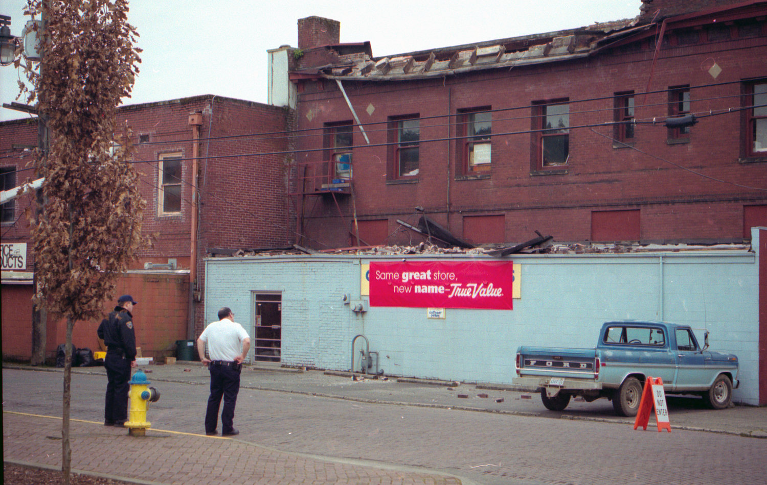 Damage is seen at the back of the TrueValue building in downtown Centralia following the Nisqually Earthquake in  2001.