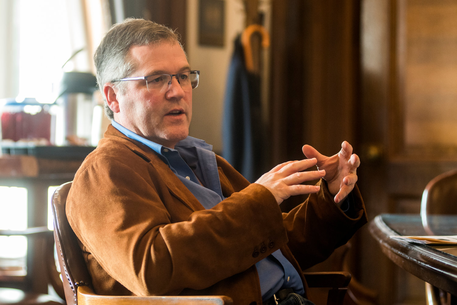 2019 FILE PHOTO — J.T. Wilcox talks during an interview inside his office at the State Capitol in Olympia.