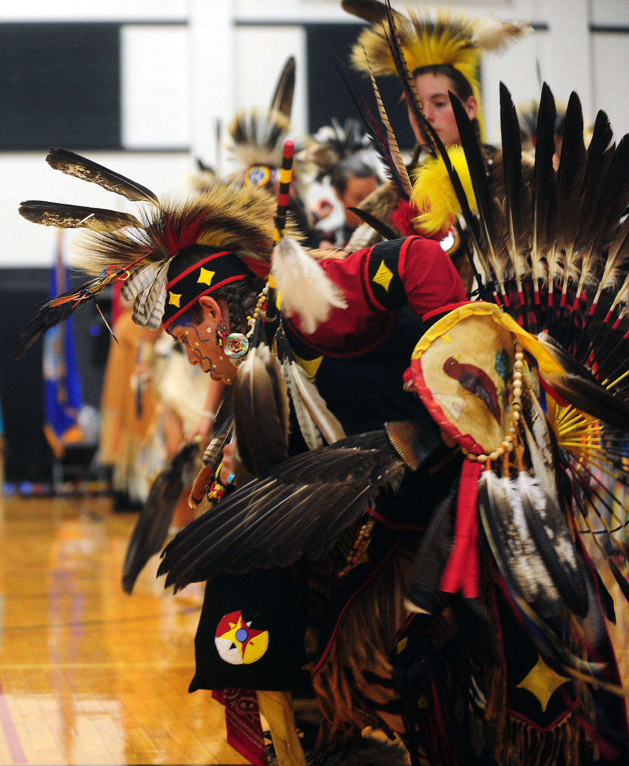 J.C. Allen-Tackett, Silverdale, dances during an intertribal dance at the Cowlitz Indian Tribe's 14th Annual Pow-Wow at Toledo High School on Saturday afternoon.