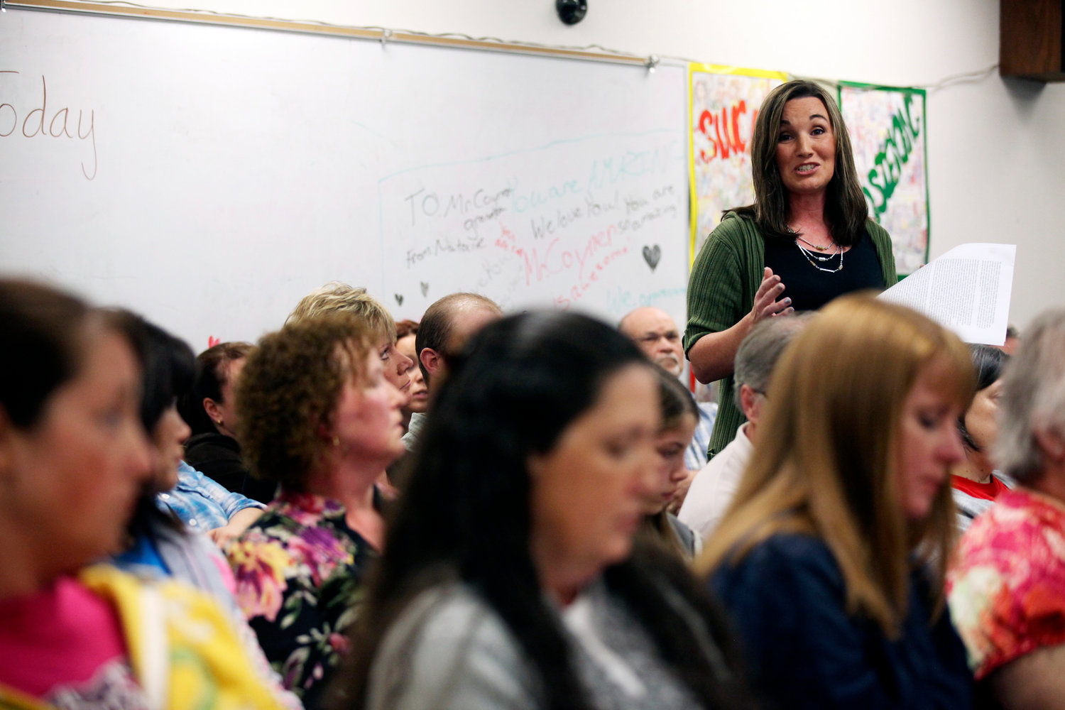 Amy Larson, whose daughter's fifth grade HIV and STD class has sparked a controversy, speaks during a meeting of the Onalaska School Board Monday evening.
