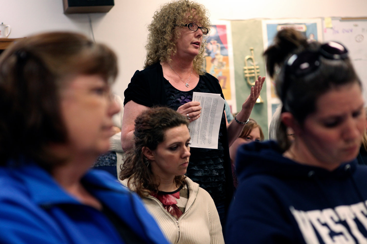 Teri Germann speaks during a meeting of the Onalaska School Board Monday evening.