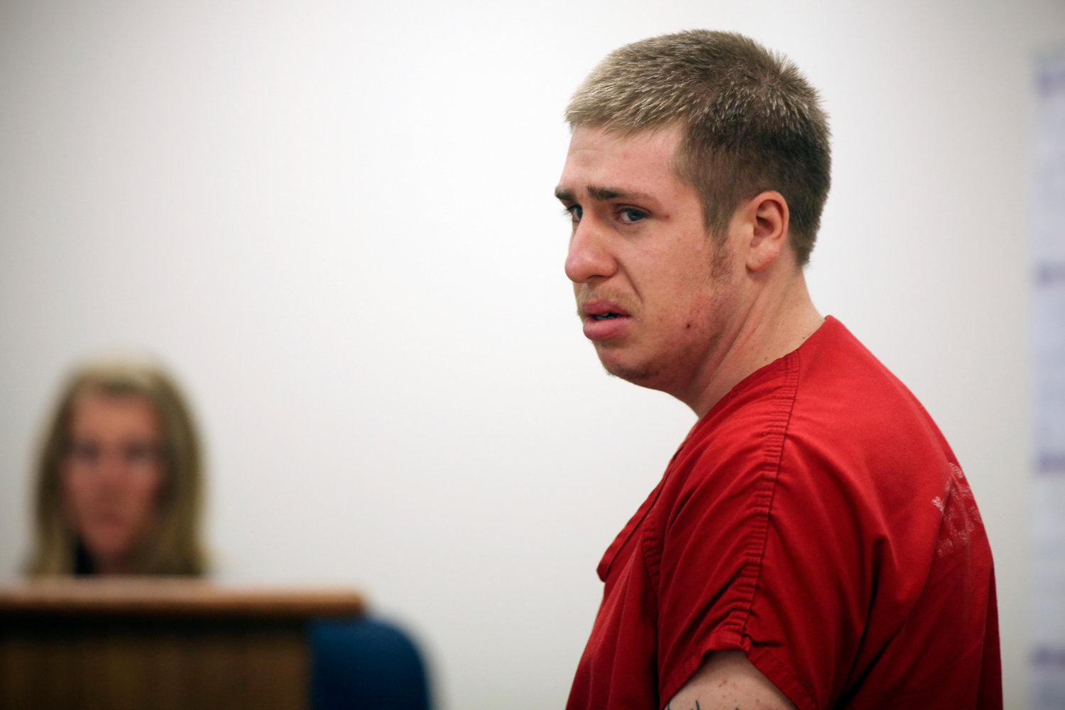 James Maurice Reeder looks towards family in the gallery following a preliminary hearing in Lewis County Superior Court Friday. He was arrested late Thursday night in connection with the death of his girlfriend's 2 1/2-year-old daughter, Koralynn Fister.