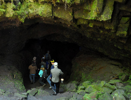 The entrance into the lower Ape Cave is a steep trail into
darkness.