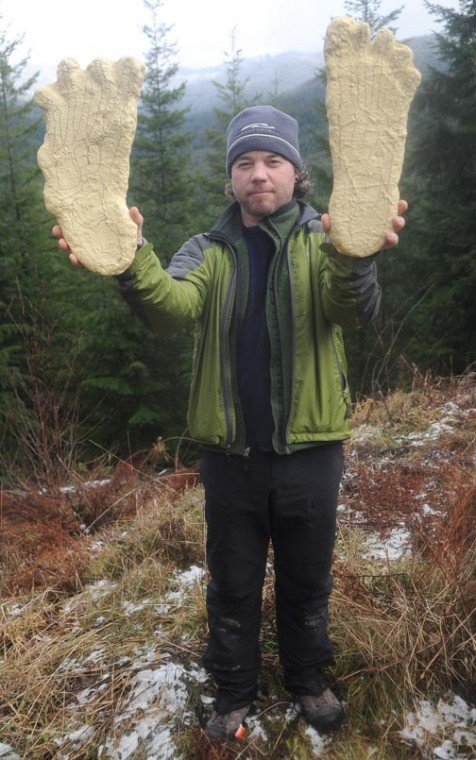 Tyler Bounds, a member of the Bigfoot Field Research Organization, shows off two footprint casts of what his group believes could be a Sasquatch. Bounds and others were on a weekend research trip last Saturday near Elbe. They regularly scour Washington and Oregon for evidence of the mythical hairy ape-man.
