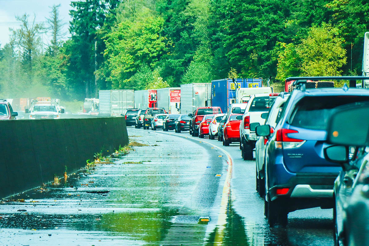 FILE PHOTO — Traffic is backed up on Interstate 5 south of Maytown in this September 2020 file photo. 