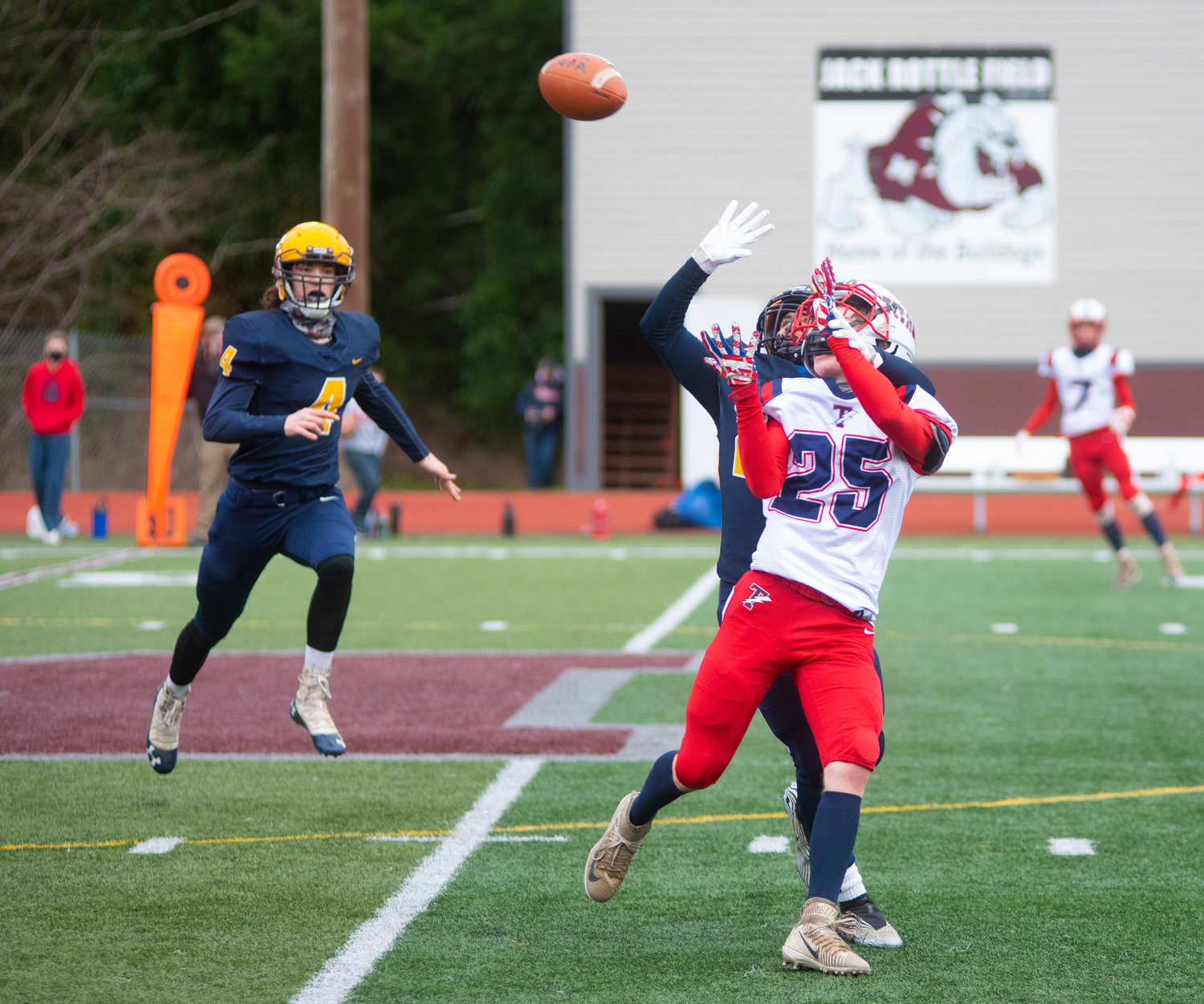Pe Ell-Willapa Valley wideout Joey McCalden (25) reaches for a pass from Tyler Adkins on Saturday against Forks.