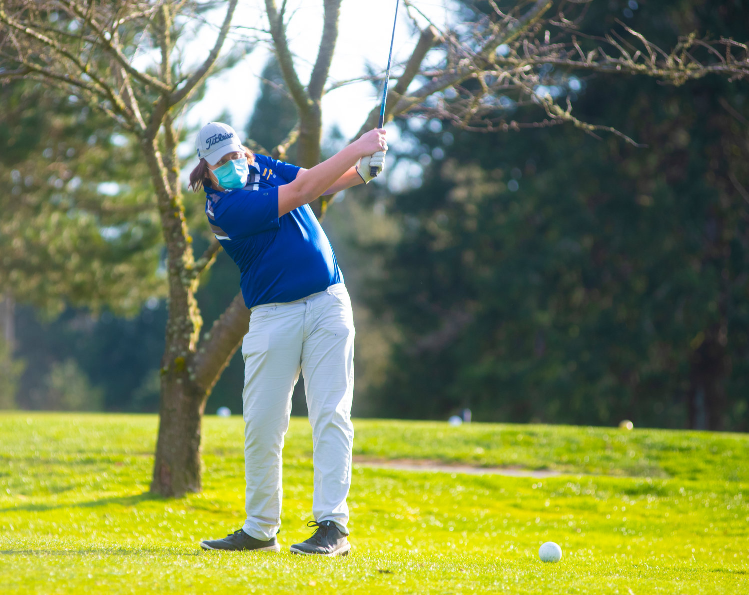 Rochester's Ethan Eyer tees off against Tumwater at Riverside Golf Course Wednesday.