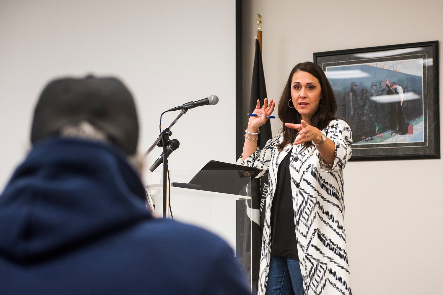 FILE PHOTO — Congresswoman Jaime Herrera Beutler talks about medical marijuana with veterans during a public meeting in October 2019 at the Veterans Memorial Museum.