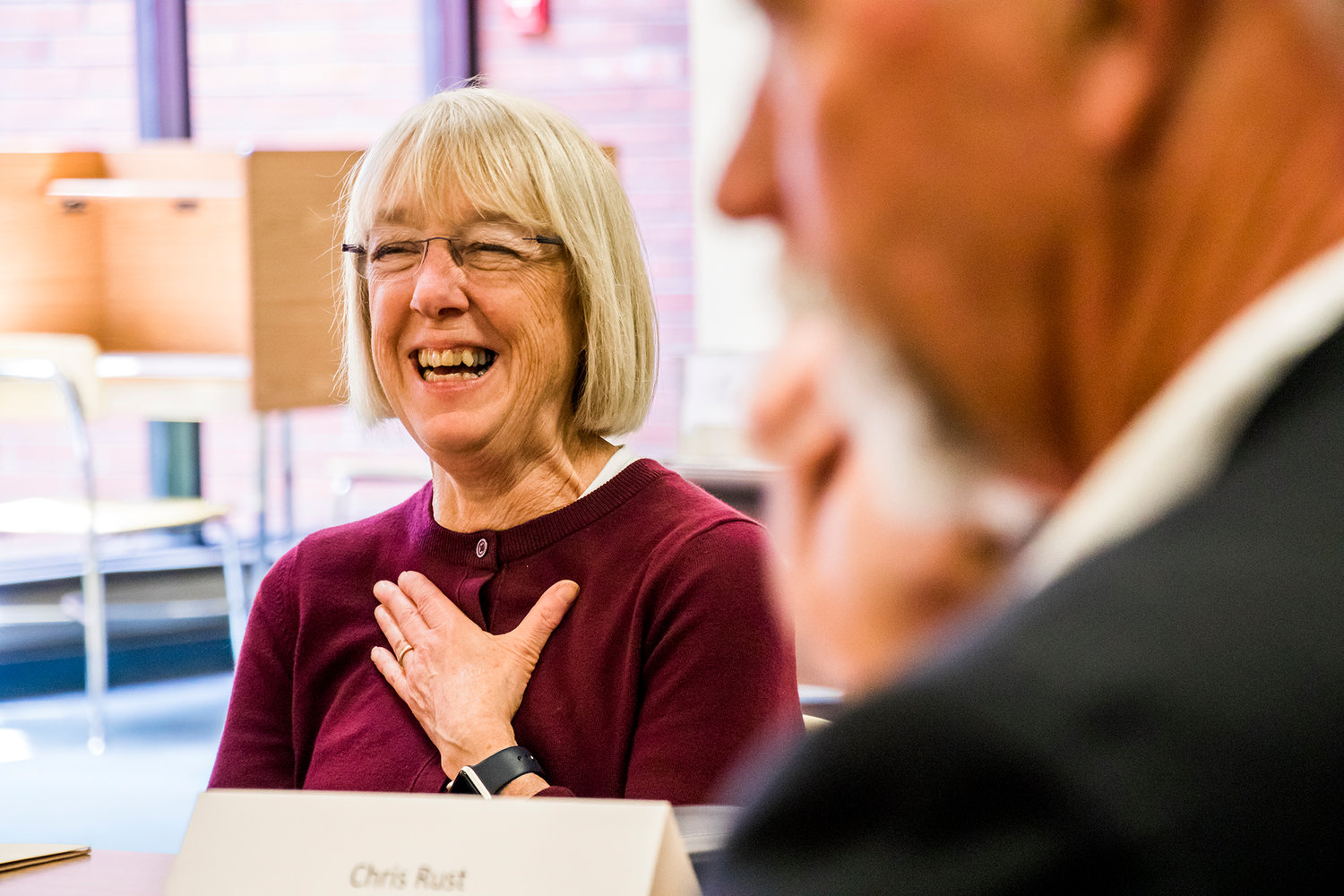 Senator Patty Murray, center, laughs during a meeting with members of the community and school district in Toledo in this 2018 Chronicle file photo.