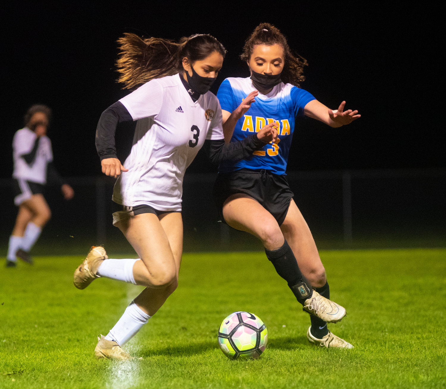 Napavine's Natalya Marcial (3) and Adna's Presley Smith battle for the ball on Wednesday.