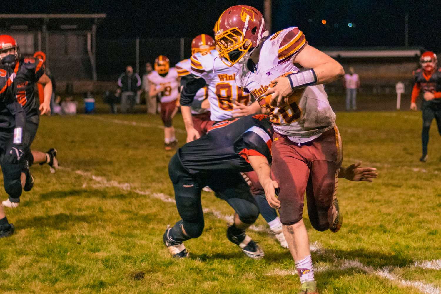 Cardinals’ Collin Regalado (88) runs with the football during a game against the Vikings Friday night in Mossyrock.