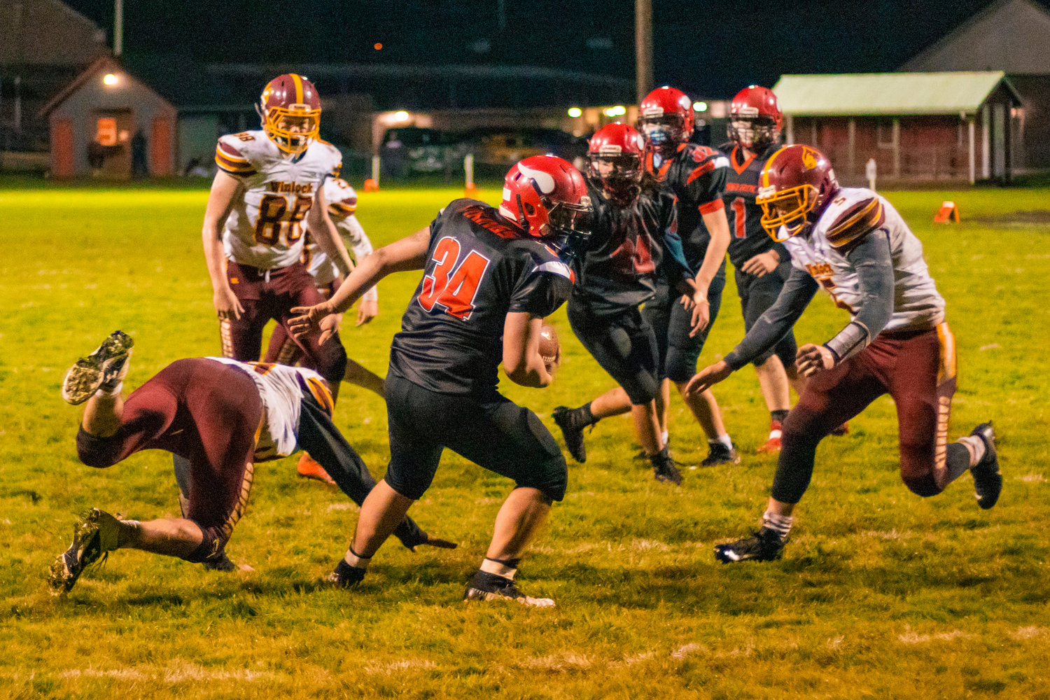 Vikings’ Marshall Brockway (34) runs to the end zone during a game against the Cardinals Friday night in Mossyrock.
