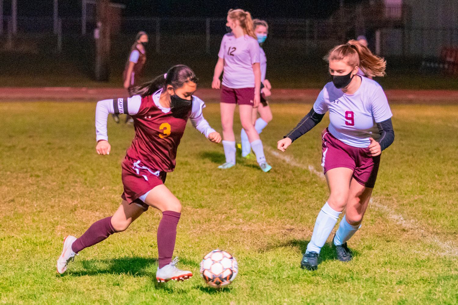 Cardinals’ Gabriela Cruz (3) takes the ball down field during a game Wednesday night in Winlock.