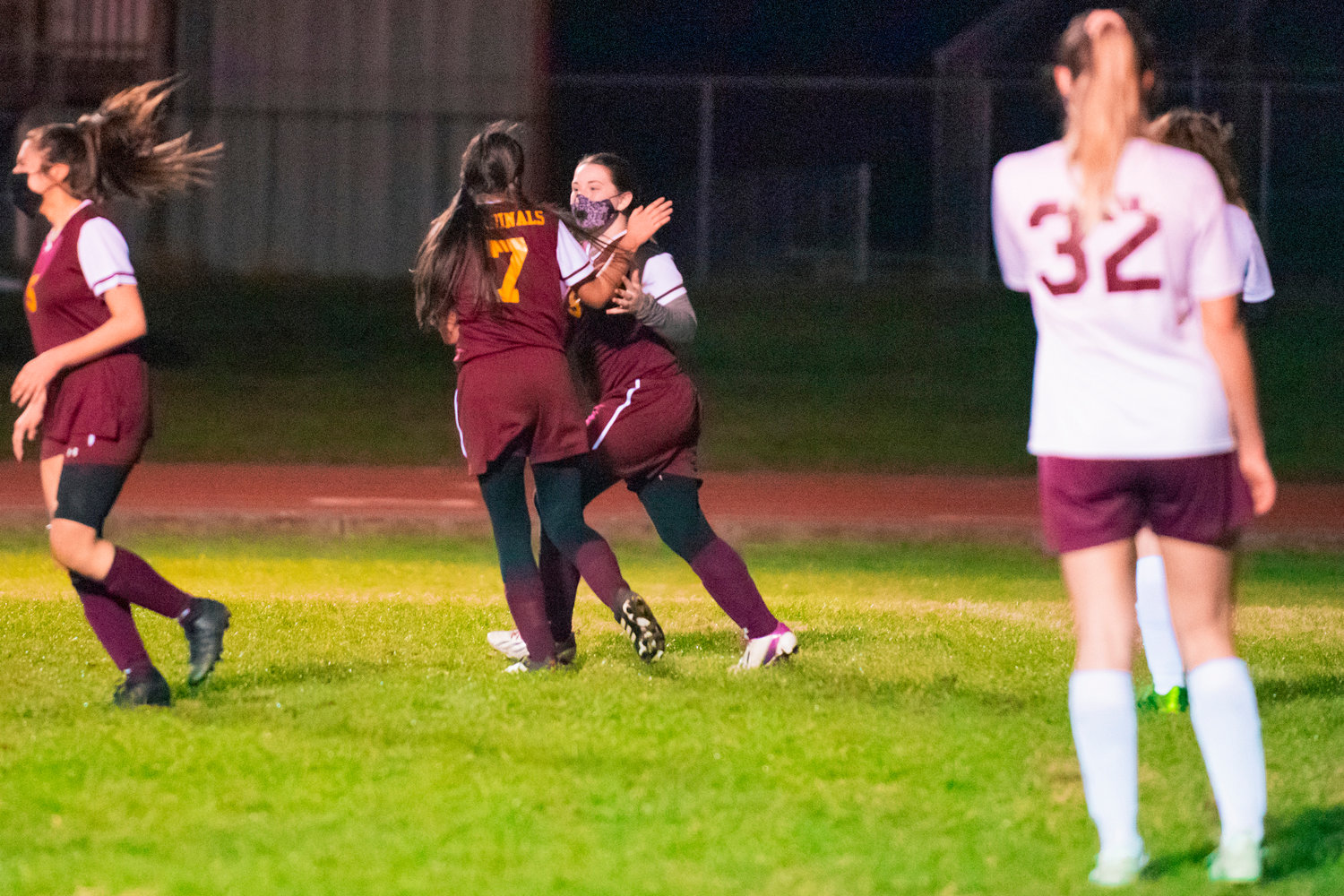 Cardinals’ Maggie Maddox (9) celebrates a goal during a game Wednesday night in Winlock.