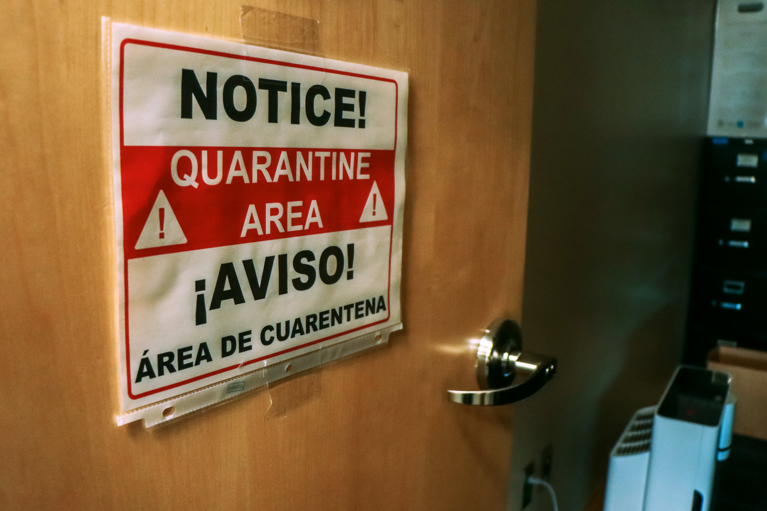 A sign for a quarantine area containing an advanced air filtration system is seen Friday morning in Centralia High School.