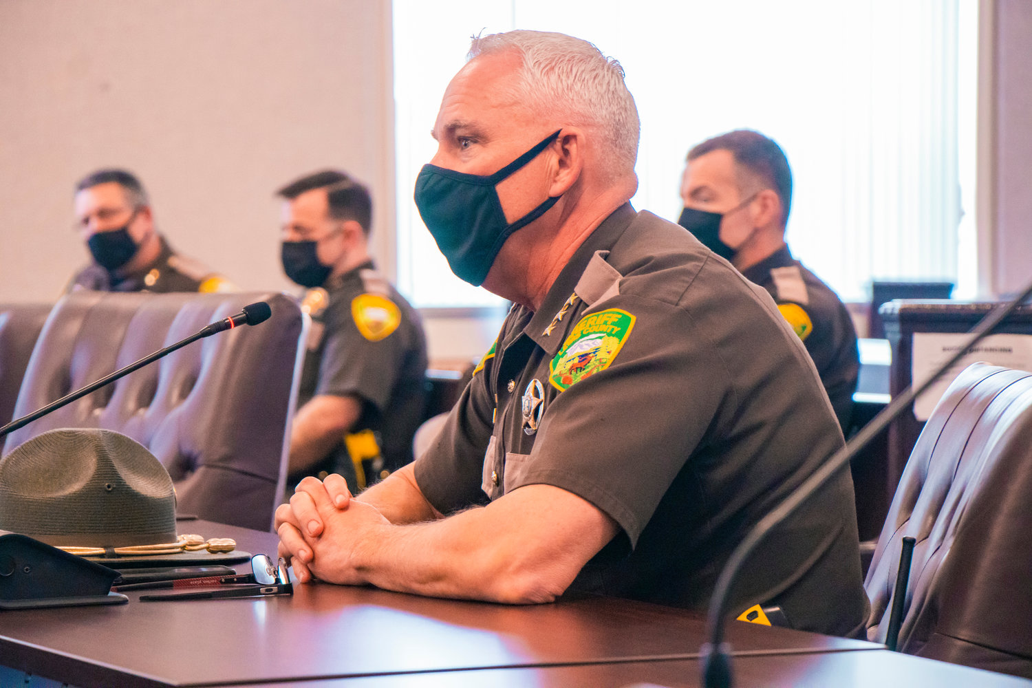 Sheriff Rob Snaza talks during a public hearing in Chehalis earlier this month.