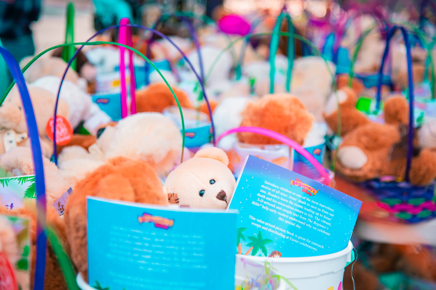 Baskets full of Easter treats wait to be handed out during an event at Bethel Church on Saturday.