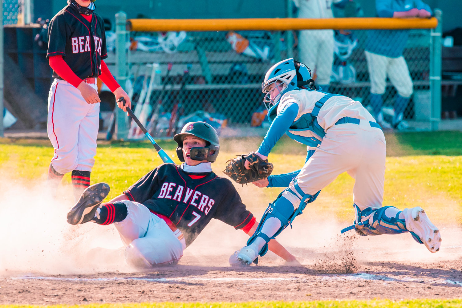 Rochester’s Cody Morton (4) makes an out at home plate during a game against Tenino Monday afternoon at Rochester High School.