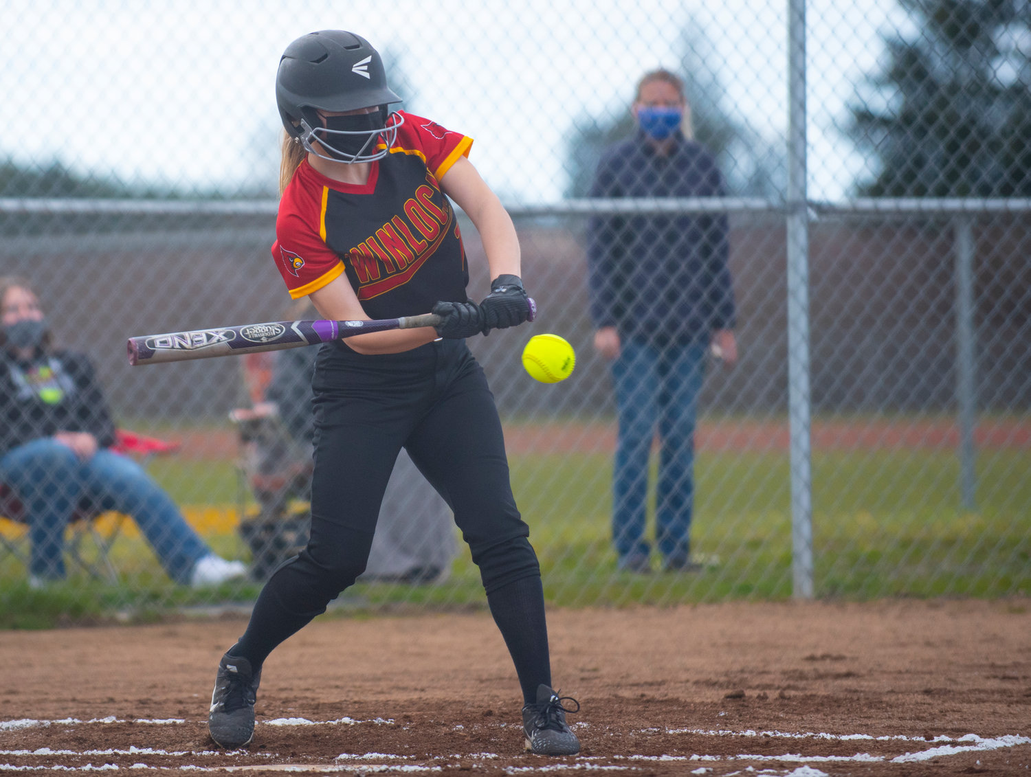 Winlock's Maia Chaney swings at a Morton-White Pass pitch on Thursday at home.