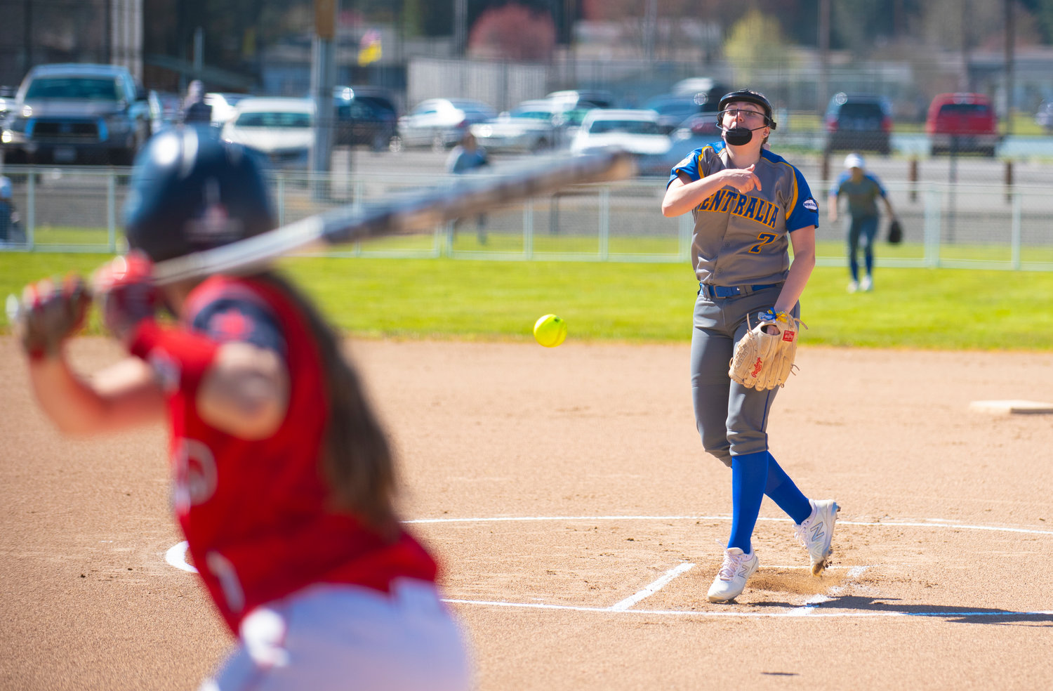 Centralia College pitcher Hailey Sneddon (7) whips a pitch in to a Lower Columbia batter on Monday.