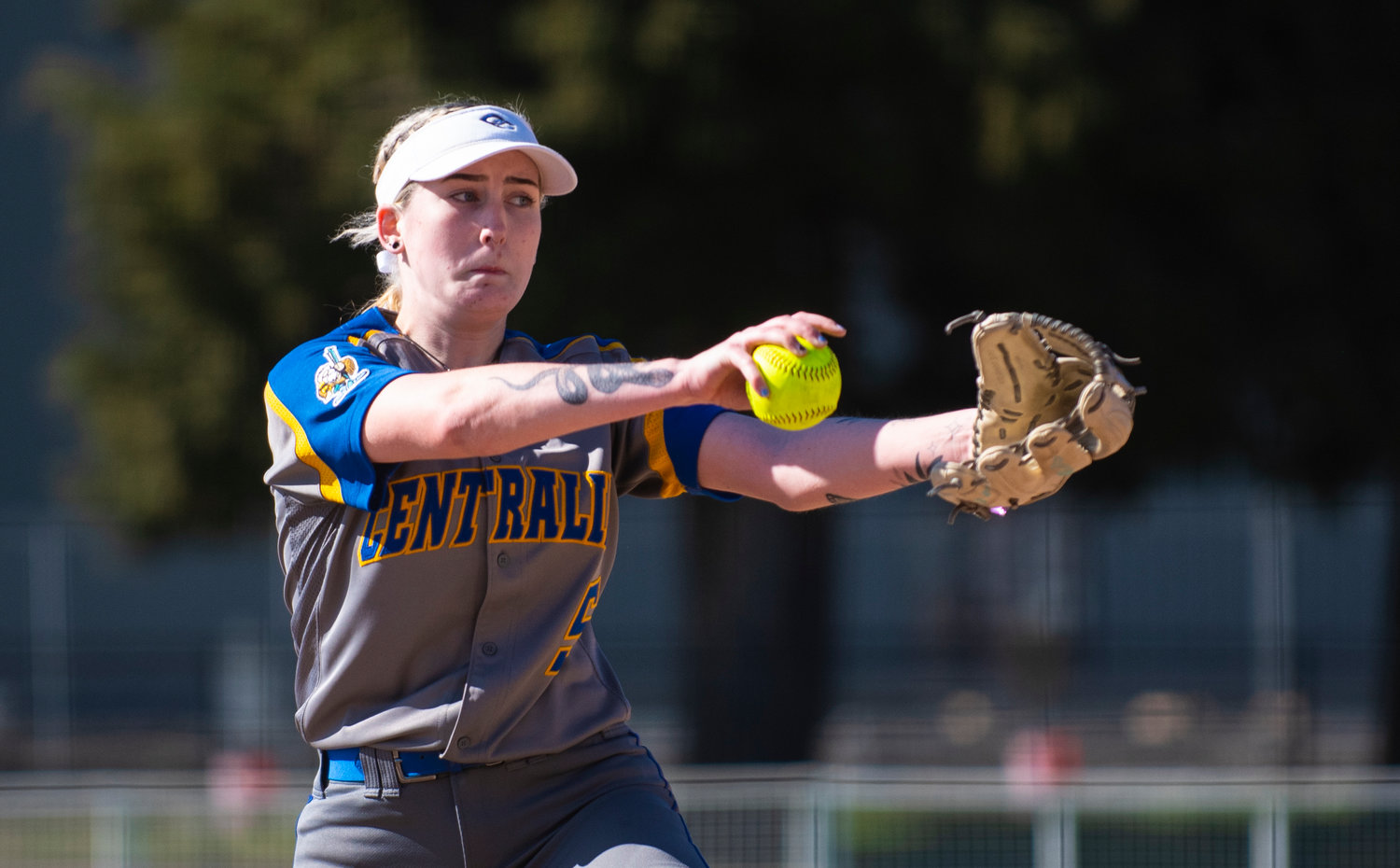 Centralia College pitcher Paige Bryant winds up to deliver a pitch to Lower Columbia on Monday at Borst Park.