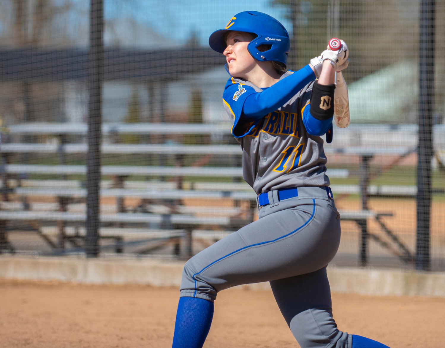 Centralia College shortstop Katie Adkins (11), a former Pe Ell-Willapa Valley player, connects on a pitch on Monday.