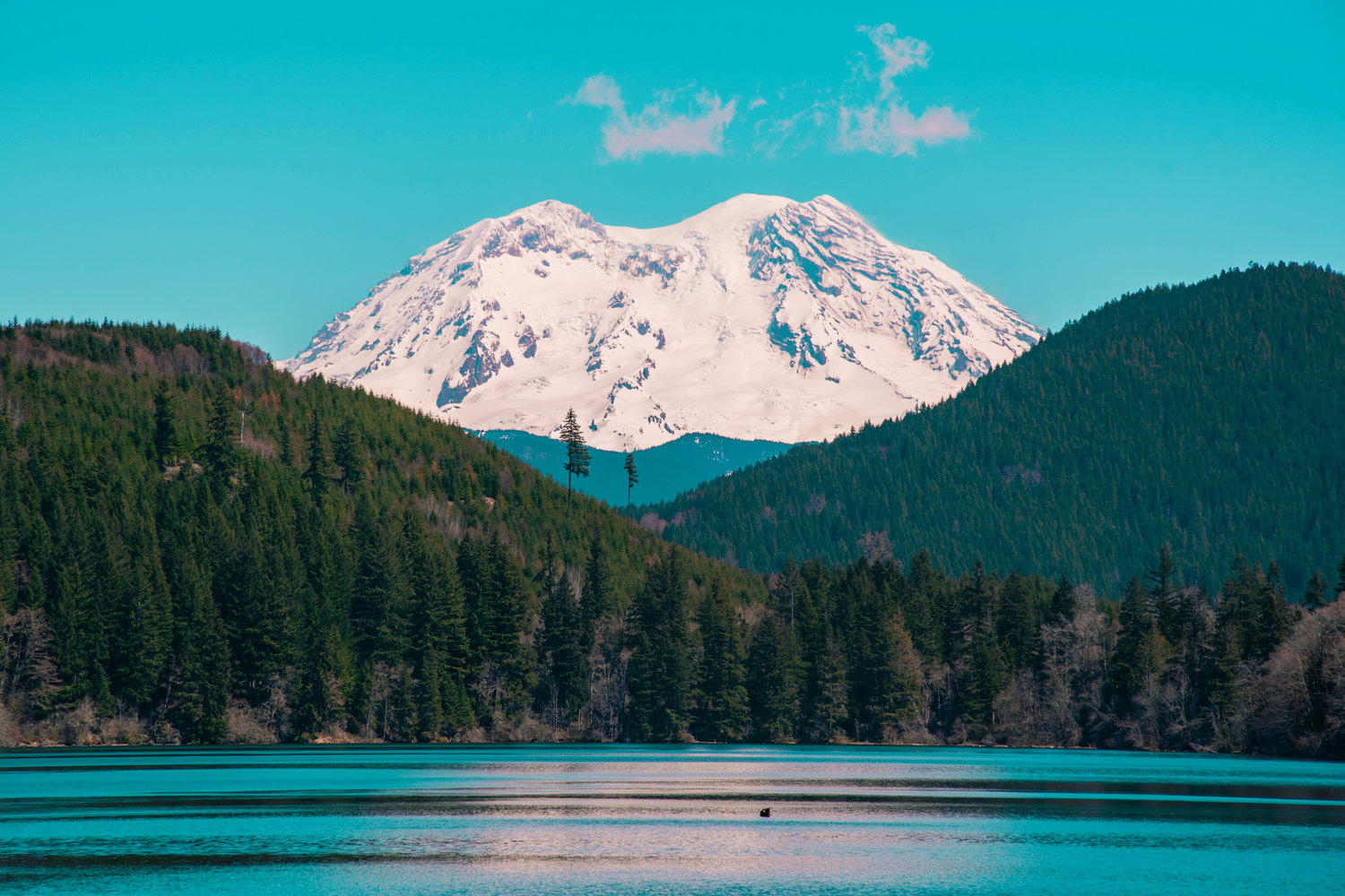 Mount Rainier is pictured beyond Mineral Lake.