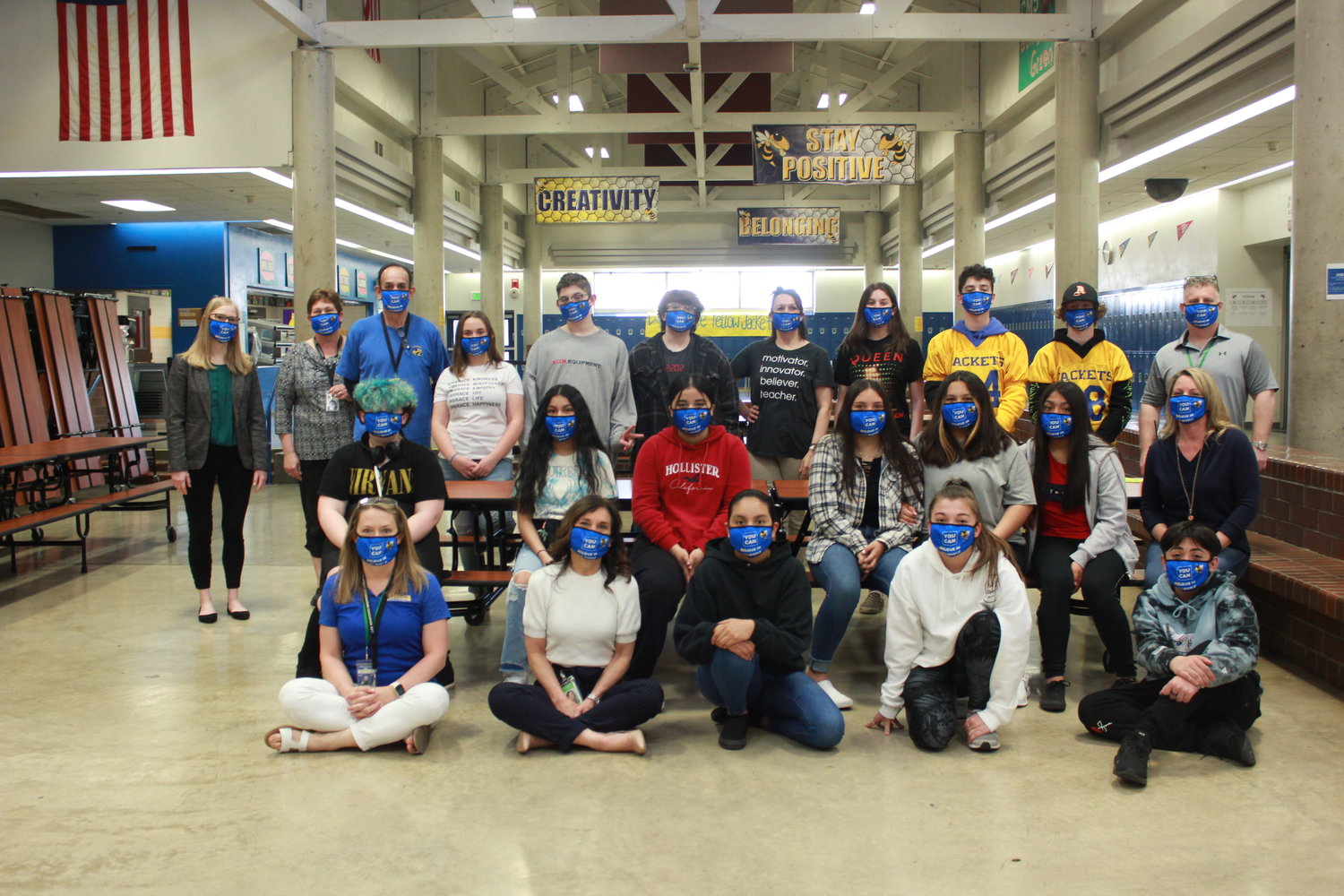 A partnership between Educational Service District 113 and the Centralia Prevention Coalition has gifted reusable masks to all staff and students at Centralia Middle School. The masks are adorned with the school’s Yellow Jacket mascot as well as a prevention message, “Believe in Yourself,” that was voted on by students. Students started receiving the masks last week. This provided photo was taken with Superintendent Dr. Lisa Grant, prevention staff and student leadership.