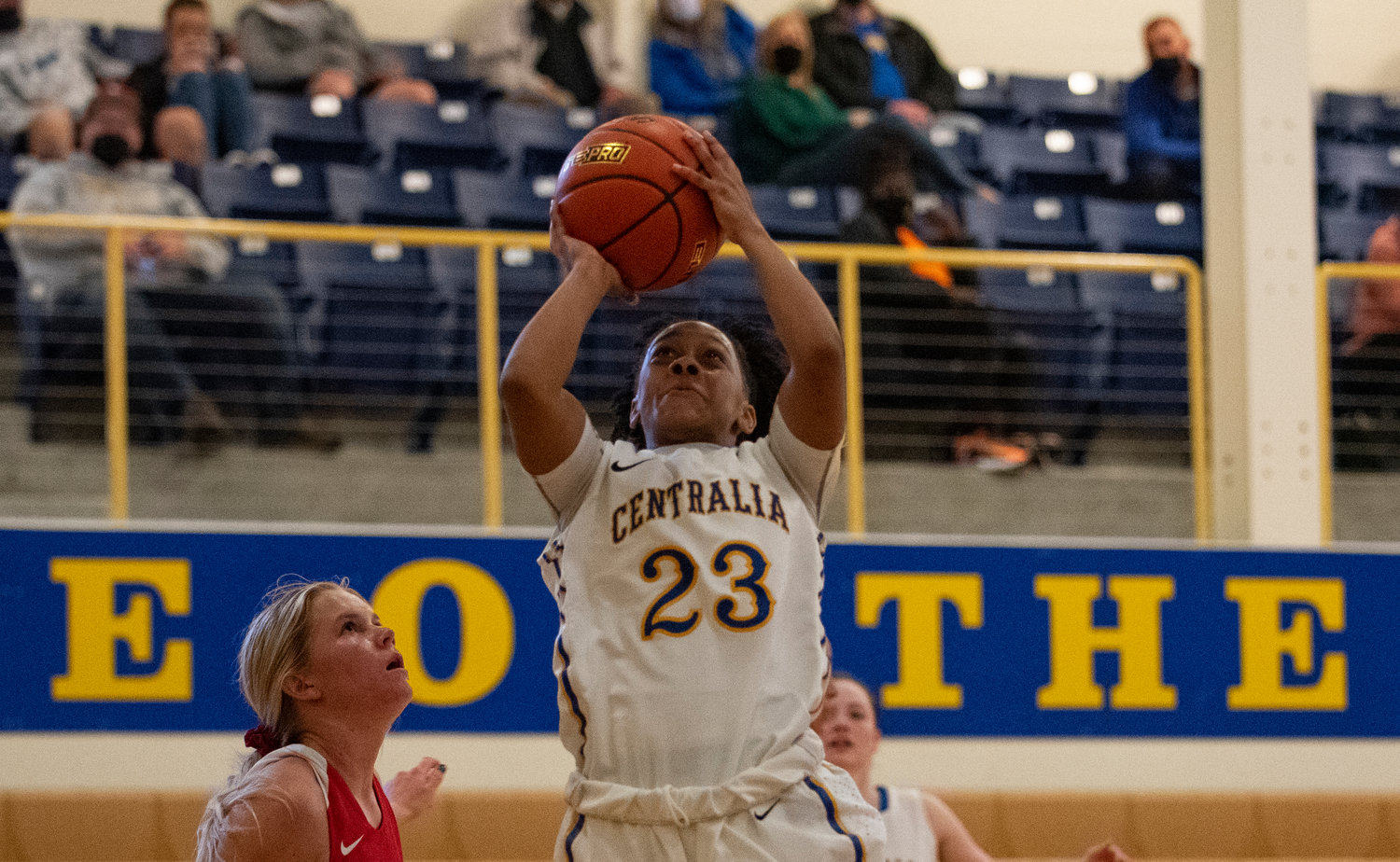 Centralia College point guard Najahia Forks (23) drops in a layup against Lower Columbia College at home on Friday.