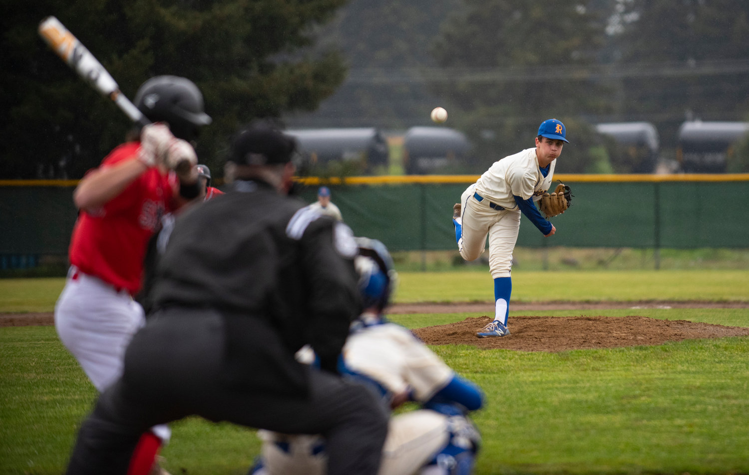 Rochester pitcher Tony Groninger delivers a pitch to a Shelton batter during a 2A Evergreen Conference playoff game on Monday in Rochester.