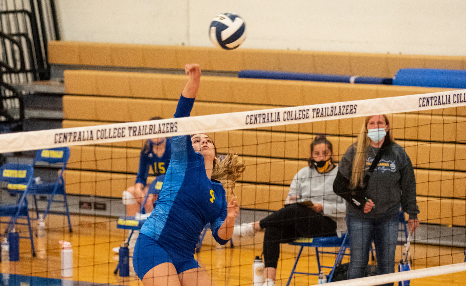 Centralia College outside hitter Andee Nelson spikes the ball against Highline on Wednesday.