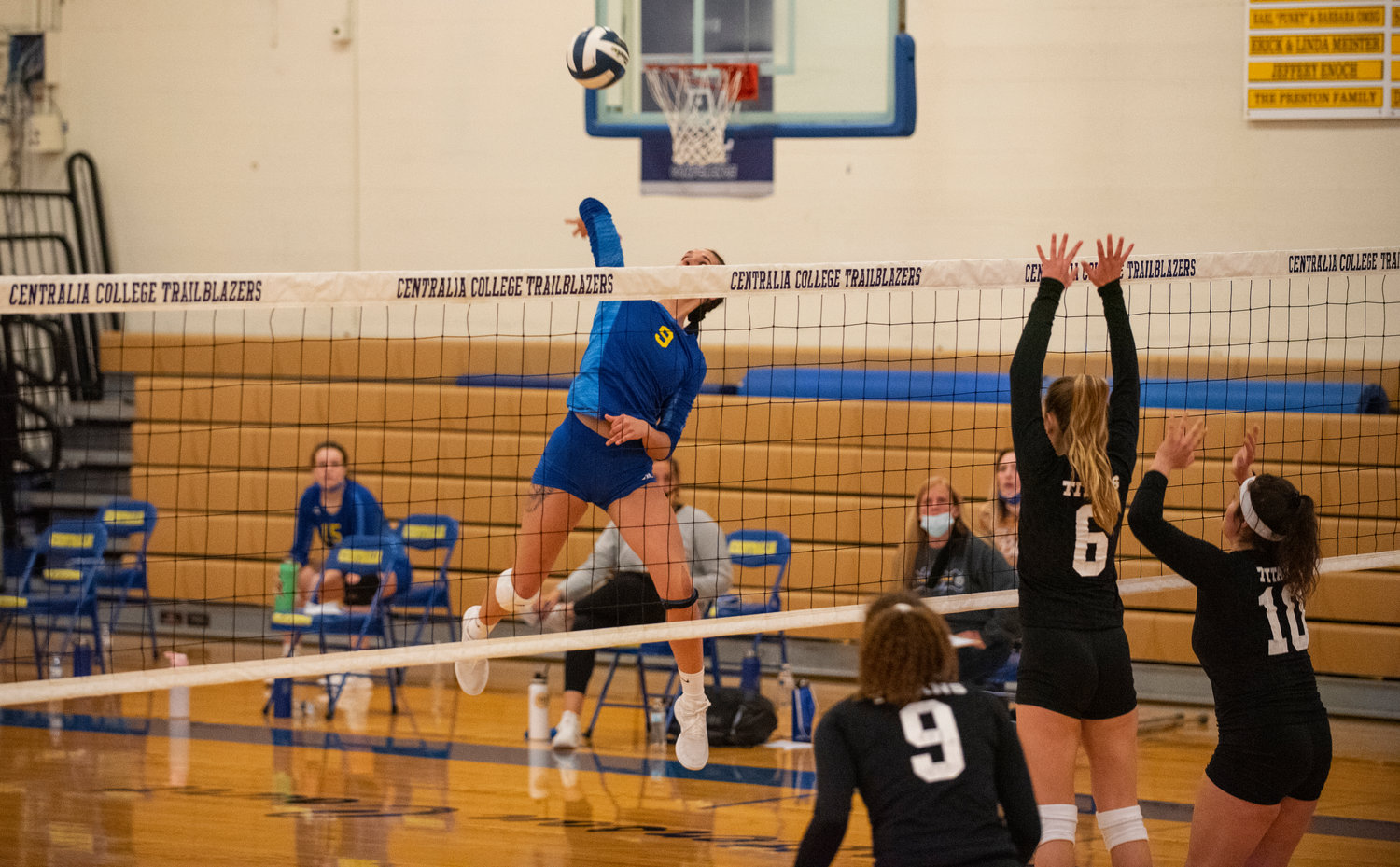 Centralia College's Olivia Mitten leaps for a spike against Highline on Wednesday.