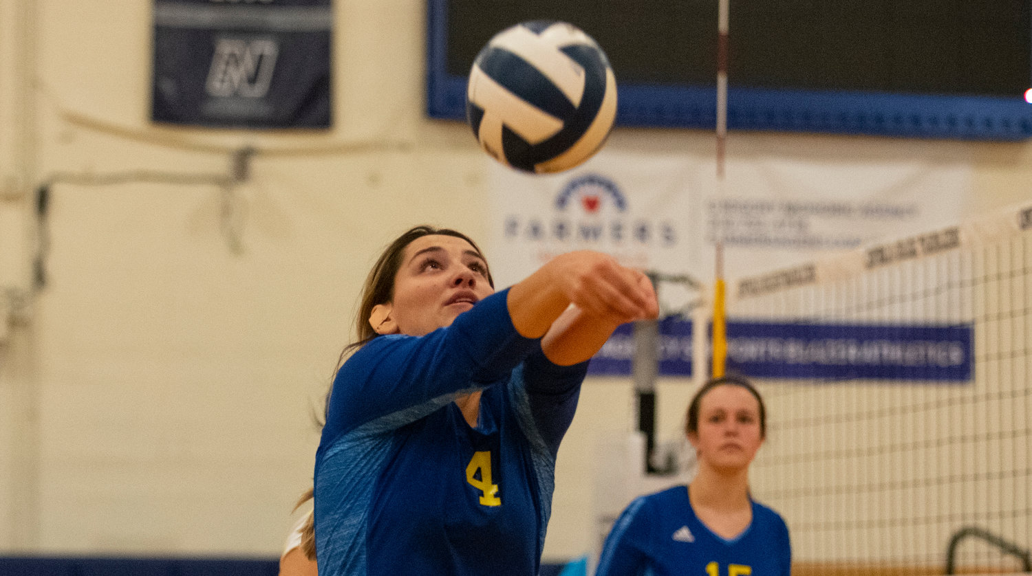 Centralia College freshman Andee Nelson returns a Highline hit during a match on Wednesday at home.