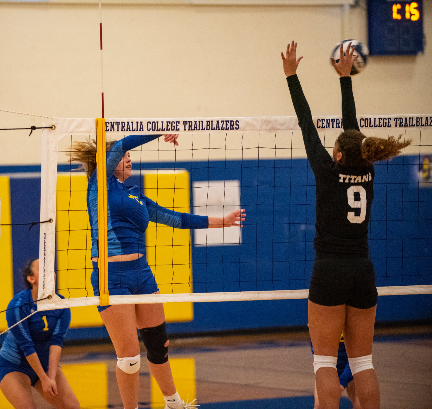 Centralia College's Ayzha Fuller throws down a spike against Highline on Wednesday.
