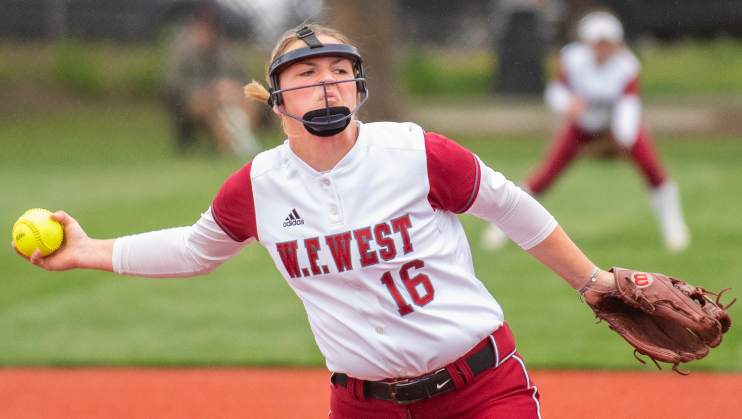 W.F. West ace Kamy Dacus winds up to deliver a pitch to Rochester on Thursday.