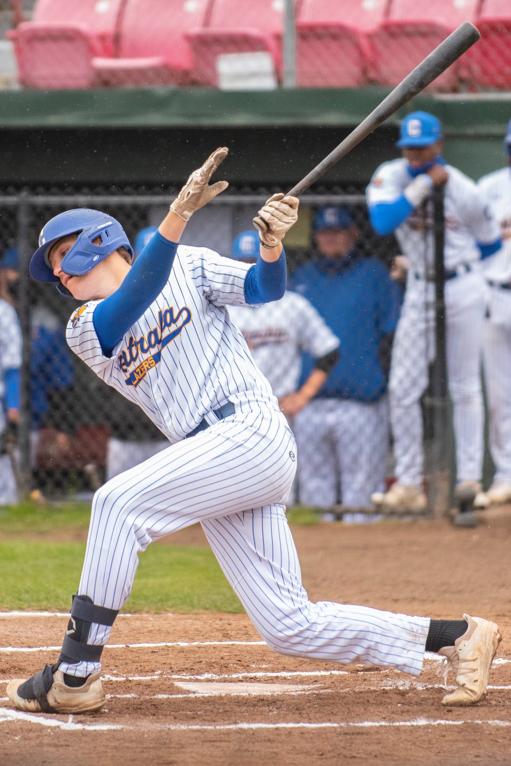 Centralia College freshman first baseman Derek Beairsto takes a cut at a Green River pitch on Saturday.