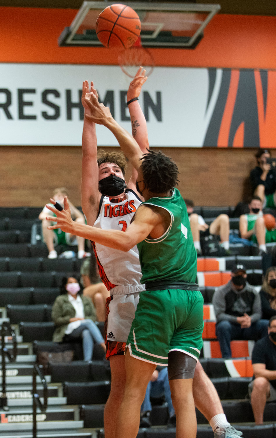 Centralia junior guard Chase Sobolesky shoots a fadeaway jumper against a Tumwater defender.