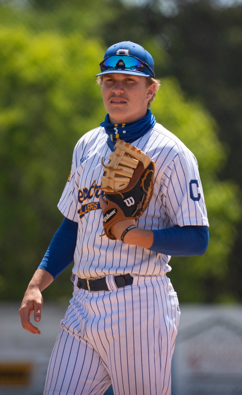 Centralia College first baseman Derek Beairsto looks toward the Blazers dugout during a game against Pierce College on Saturday.