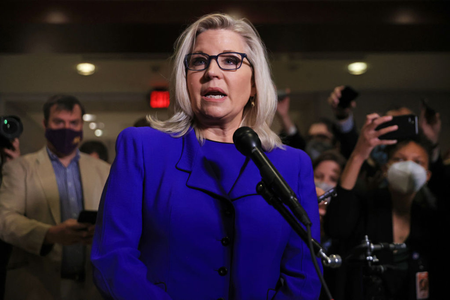 Rep. Liz Cheney, R-Wyo., talks to reporters after House Republicans voted to remove her as conference chair in the U.S. Capitol Visitors Center on May 12, 2021, in Washington, D.C. (Chip Somodevilla/Getty Images/TNS)