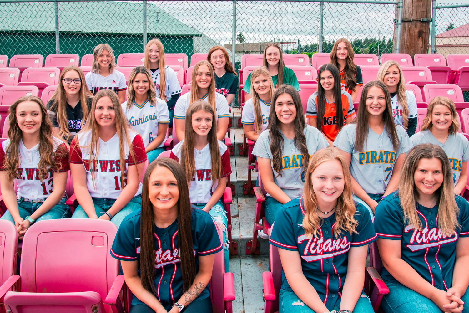 The All-Area Softball team poses for a photo in the stands at Wheeler Field in Centralia on Monday.
