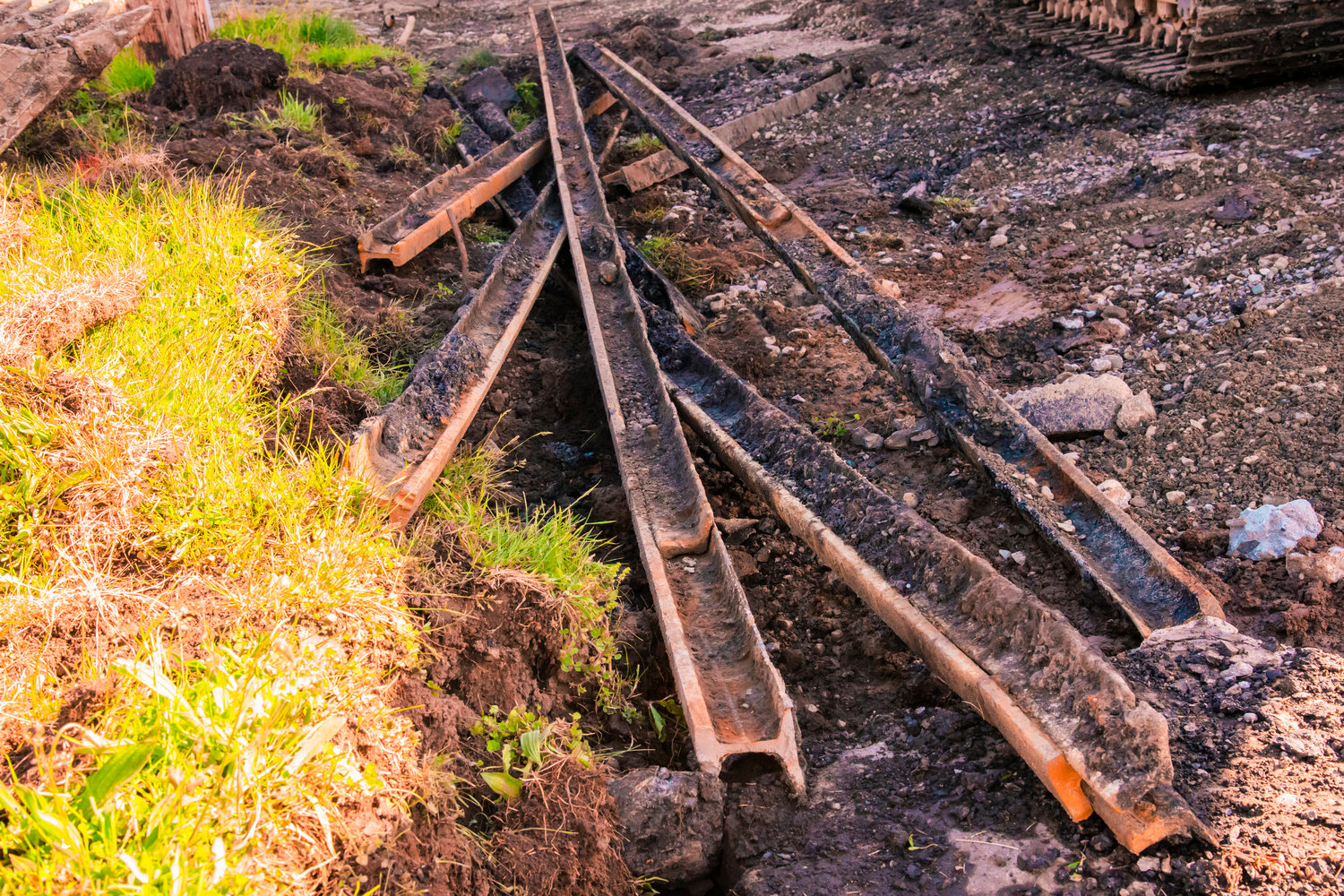 Rails from a historic streetcar route that tied the Twin Cities together are seen dug up following construction near the Lewis County Courthouse on Tuesday in Chehalis.
