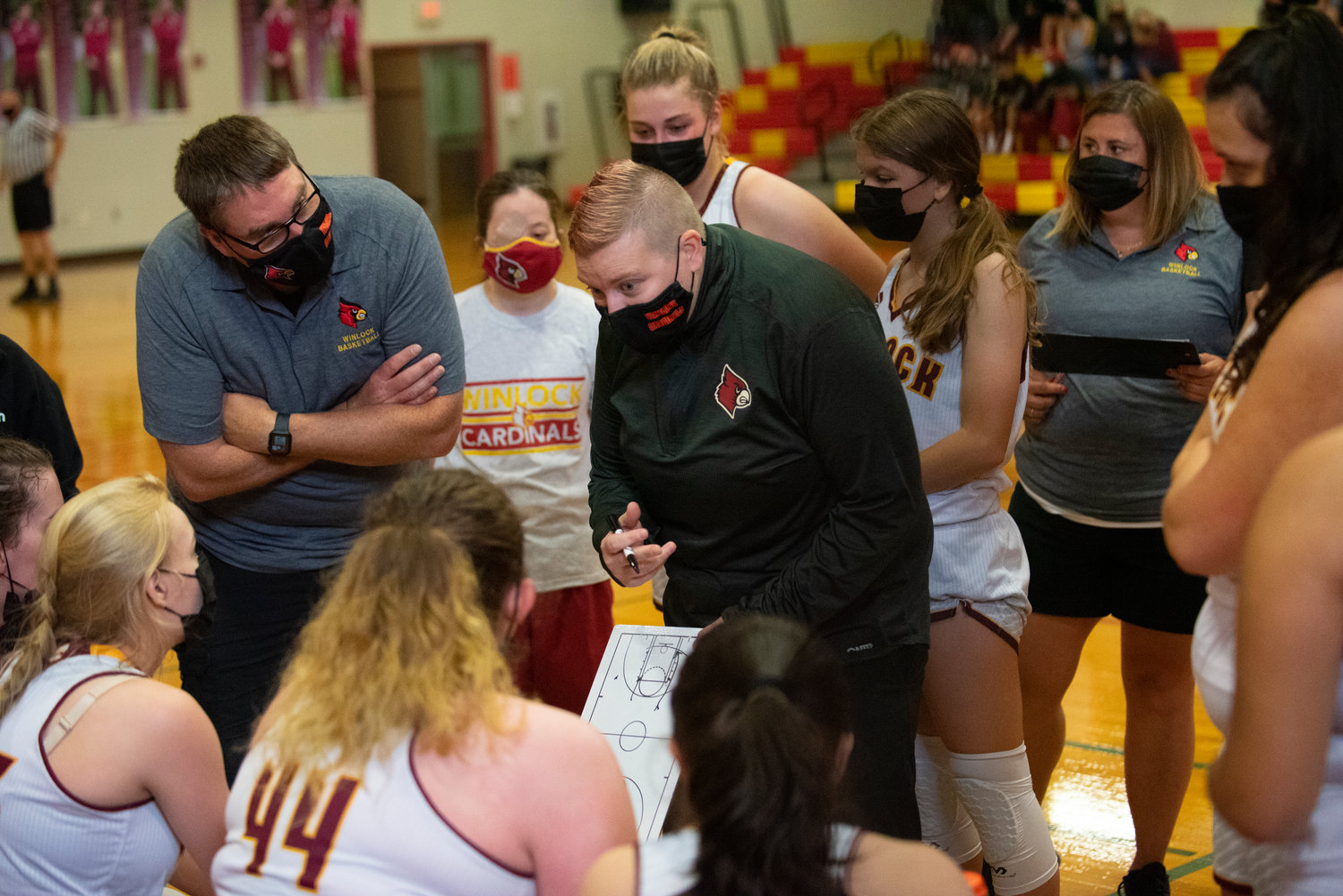 Winlock coach Tori Nelson goes over a fourth-quarter game plan with her team during a timeout.