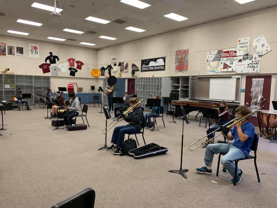 The W.F. West Bearcat Band recently held its first full in-person jazz rehearsal in over a year. Students can be seen in this courtesy photo from the band’s Facebook page rehearsing earlier this month. The band’s year-end concert has been set for Friday, June 4, at Bearcat Stadium.