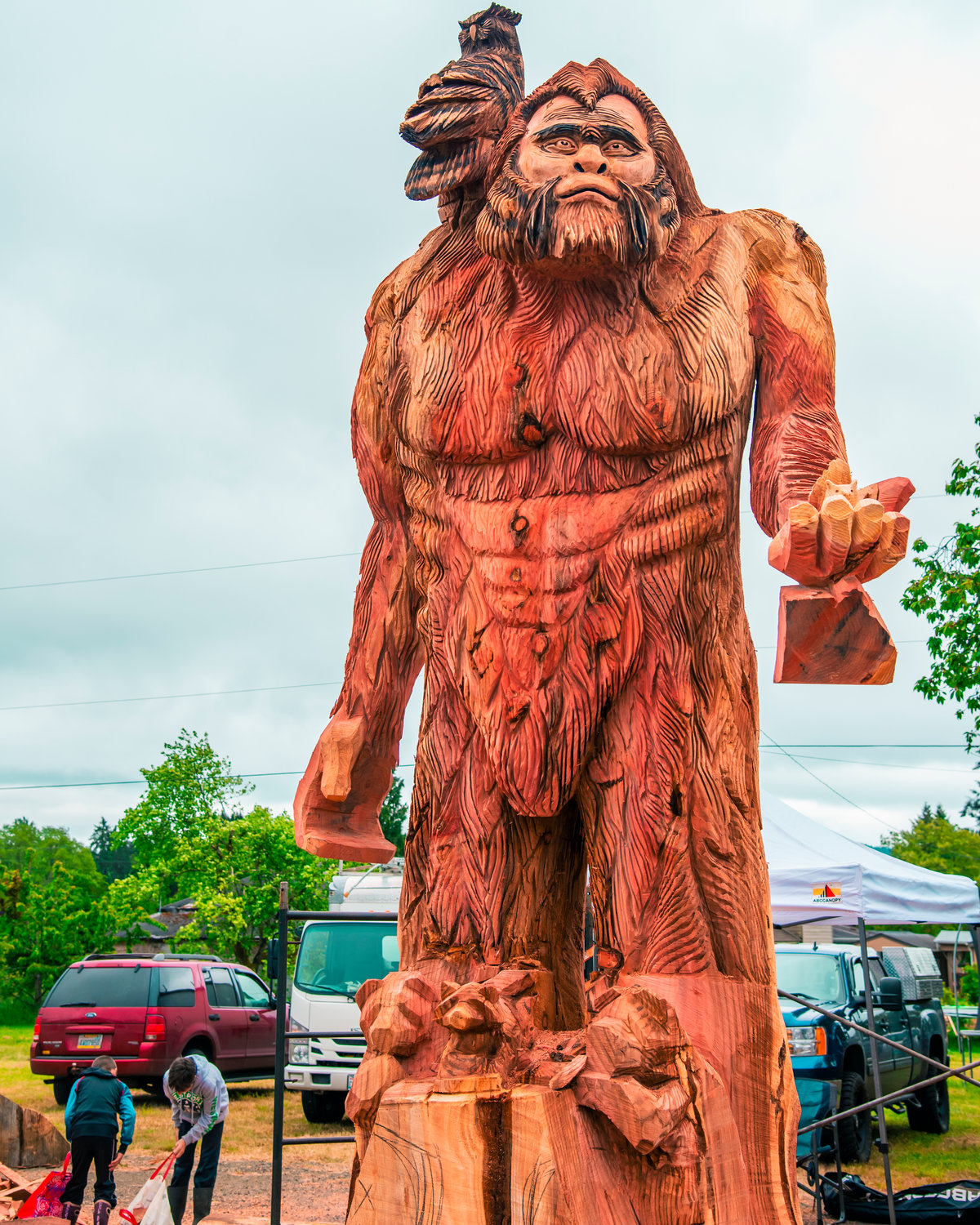 A 17-foot Sasquatch carved with chainsaws into a sequoia 7-feet in diameter is seen Sunday in downtown Oakville.