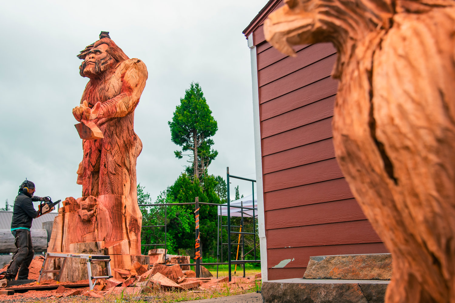 Tony Robinson also carved other animals from the same sequoia seen outside the Chehalis Valley Slabhaus Sunday in downtown Oakville.